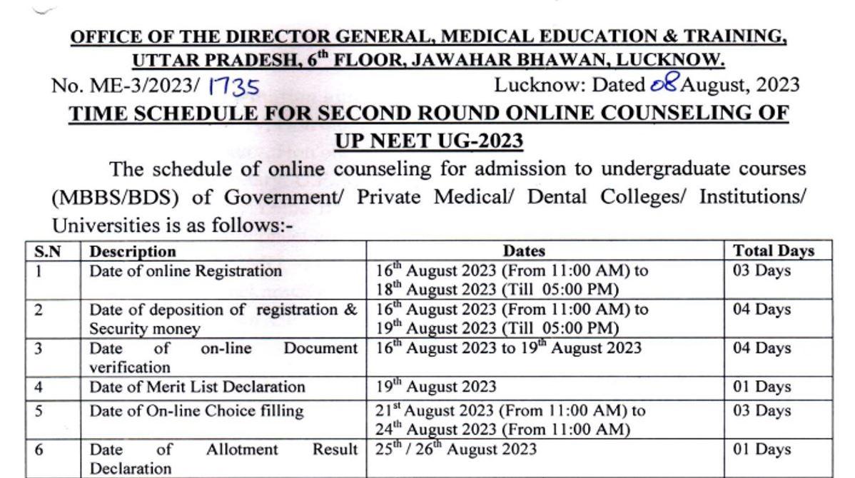 UP NEET UG 2023 Counselling Update : Stray Vacancy Round Schedule ...